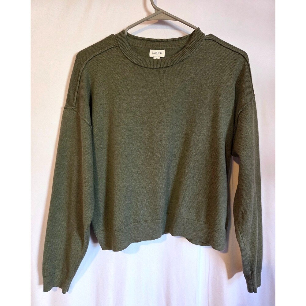 J.Crew Womens Small Olive Green Crewneck Sweater Lightweight Drop Shoulder Knit